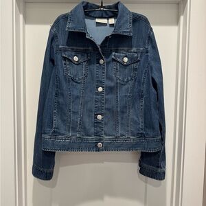 Chico's Size 2 Dark Blue Denim Jacket Pleated Back ~ LIKE NEW